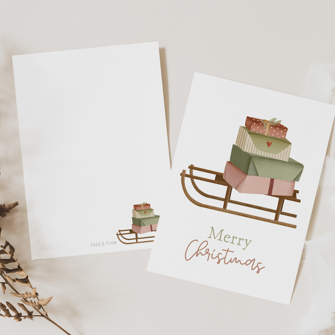 Weihnachtskarte Schlitten Geschenke, ohne Umschlag