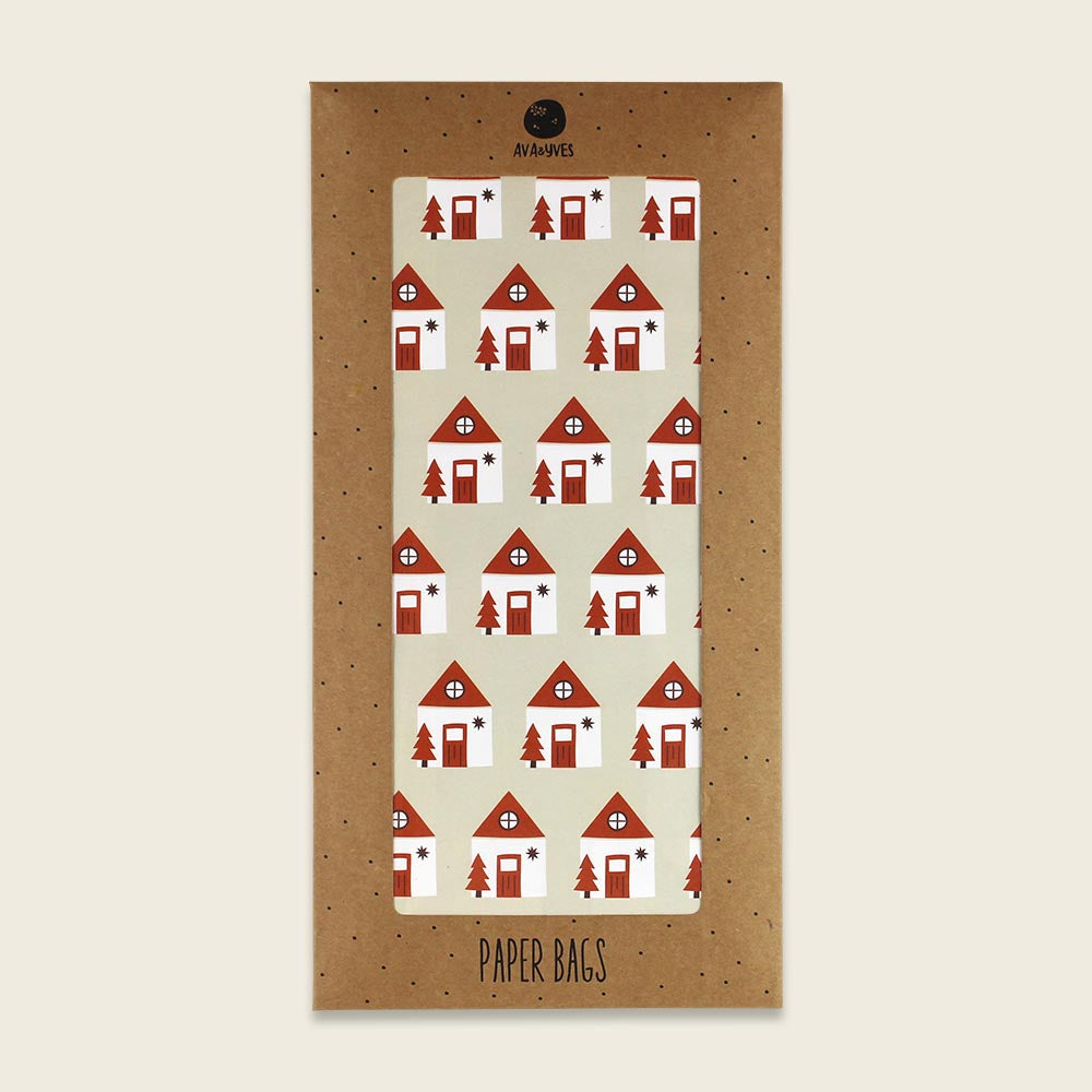Papiergeschenktüte mit Häusern, beige/rot (Set mit 6 Tüten)