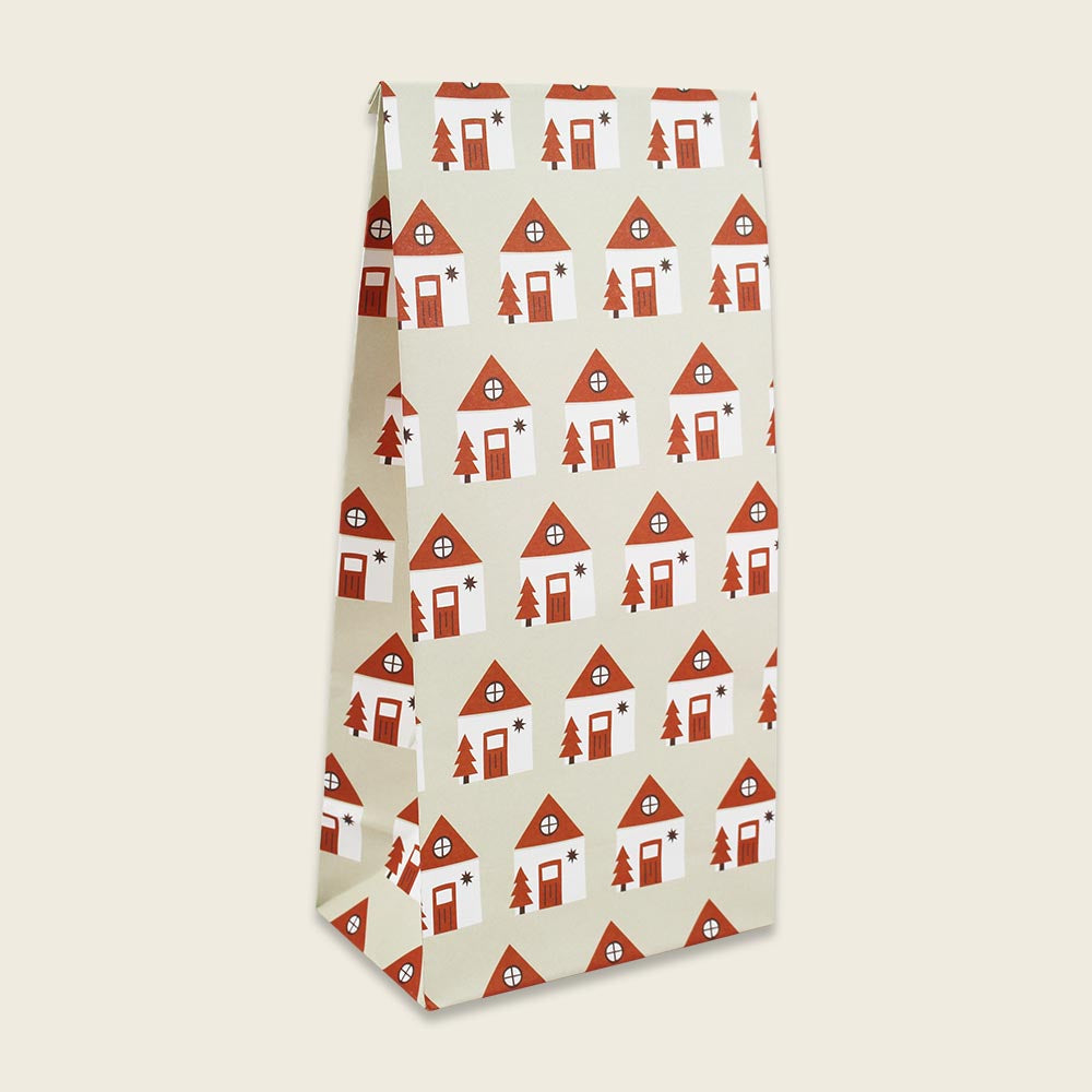 Papiergeschenktüte mit Häusern, beige/rot (Set mit 6 Tüten)