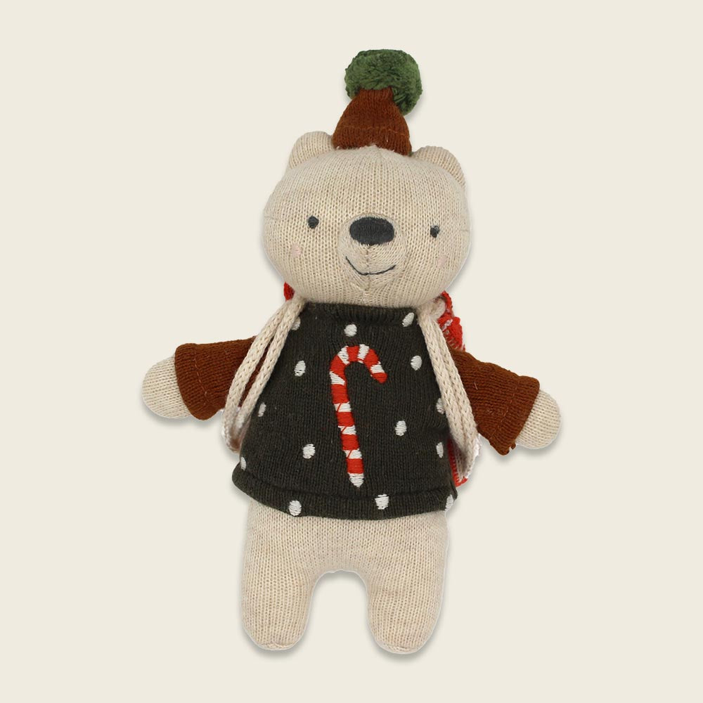 Mini-Kuscheltier Xmas Bär mit Zuckerstangenpulli und Rucksack, ca. 12cm